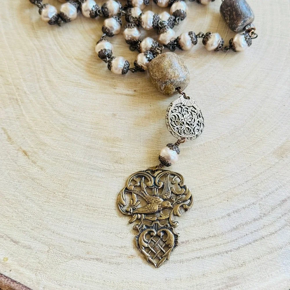Regency style Baroque pearl Bird Necklace VTG‎ long beaded filigree bronze 35